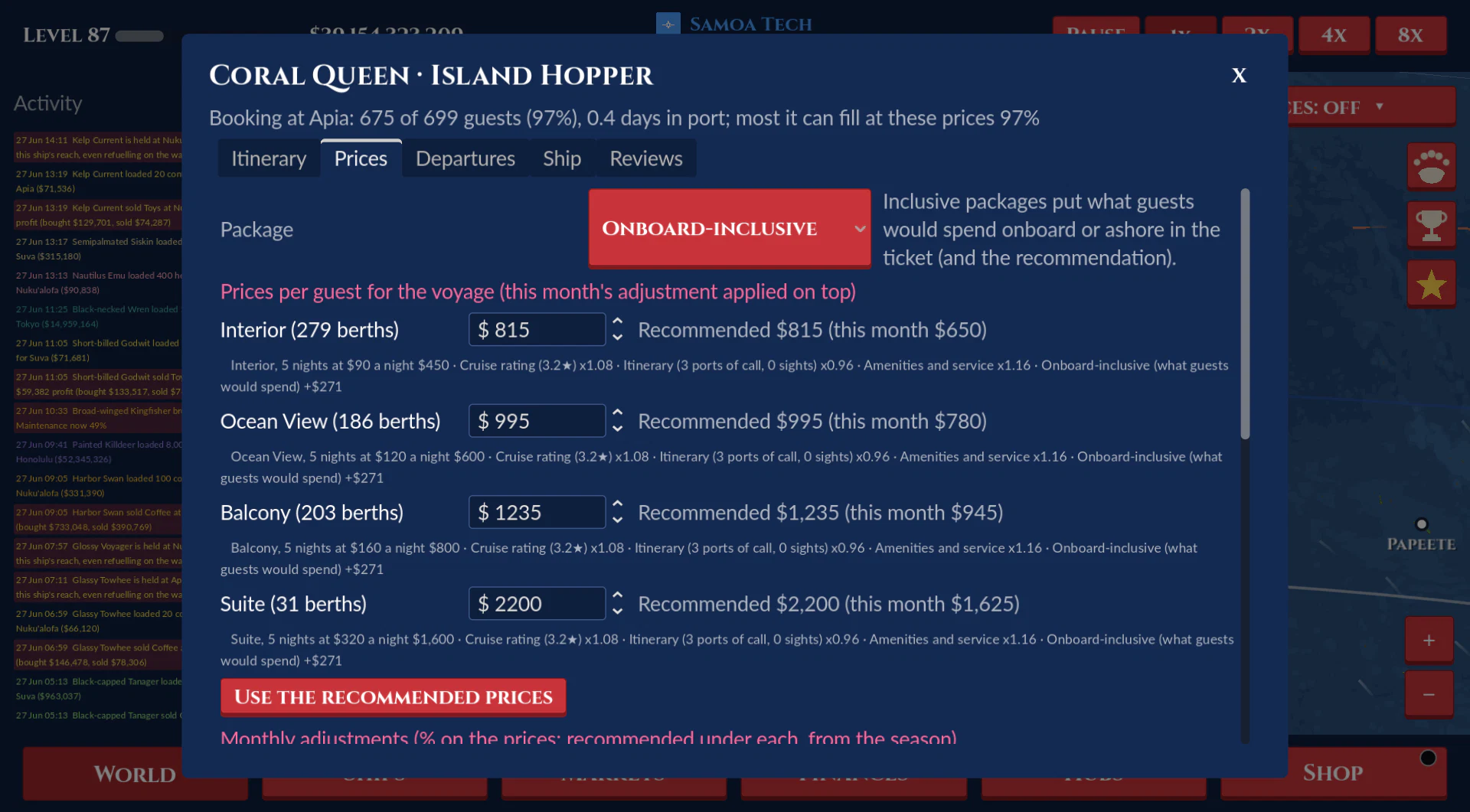 The Cruise planner: prices against their recommendations, and the bookings outlook