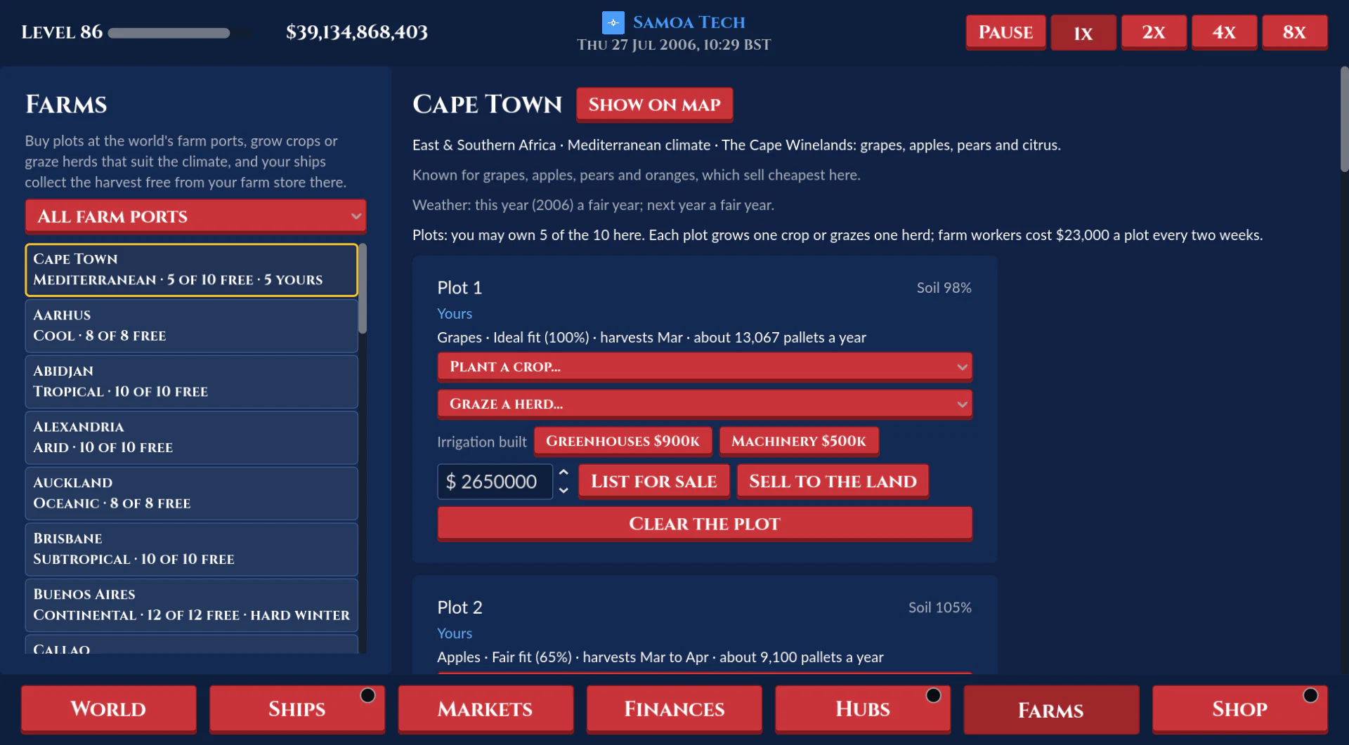 The Farms screen: a farm port's plots, what each grows, and the farm store