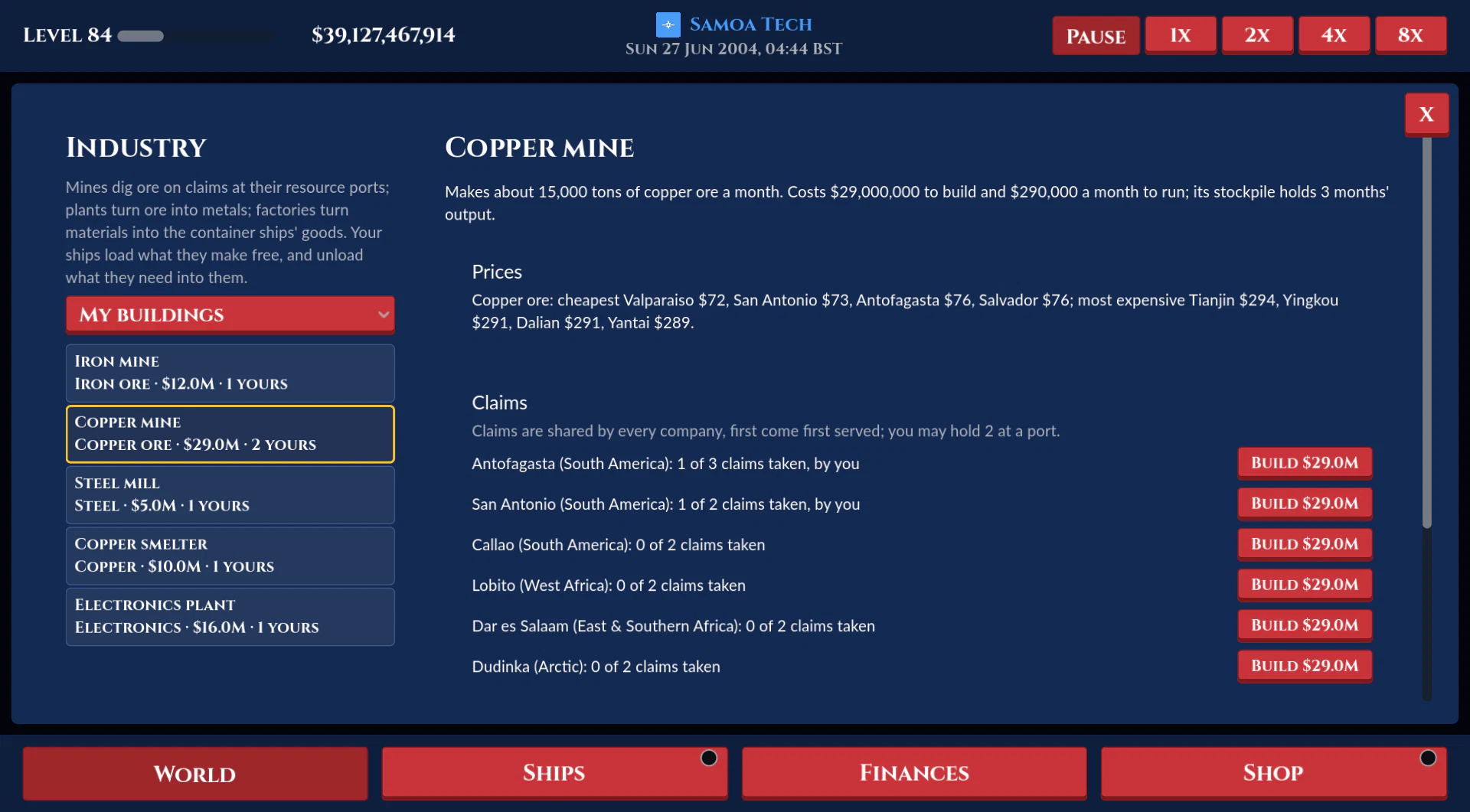 The Industry page: a copper mine's claims port by port, and your mines, smelters and factories