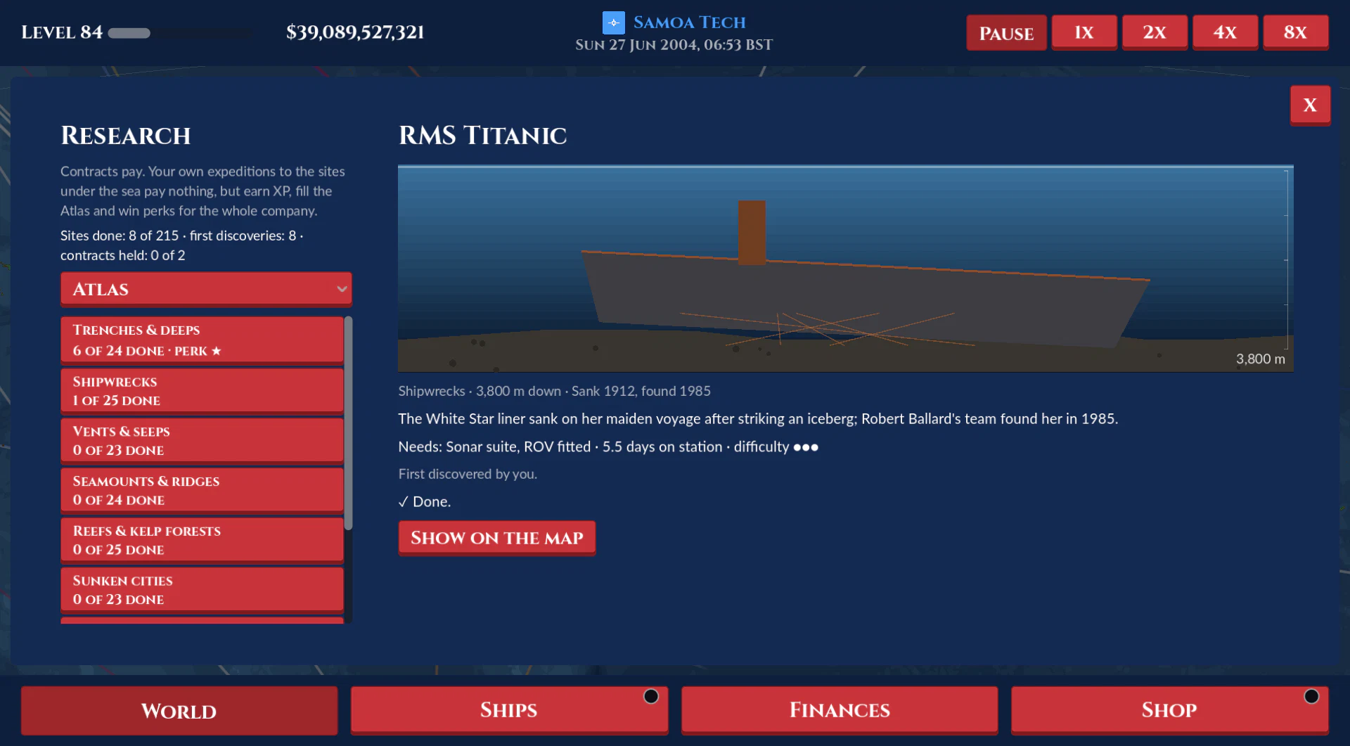 The Research page's Atlas: the Titanic, 3,800 m down