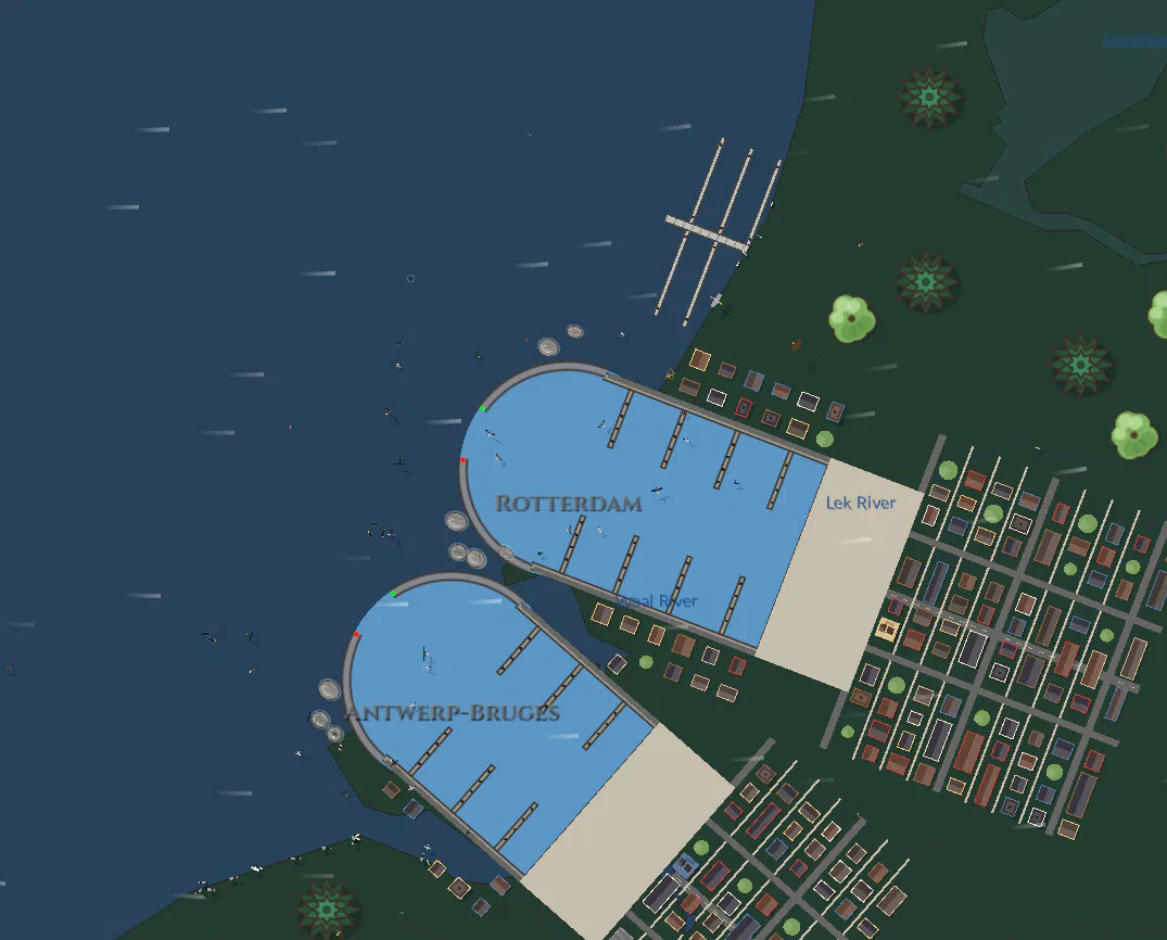 Rotterdam and Antwerp-Bruges: basins, piers and towns