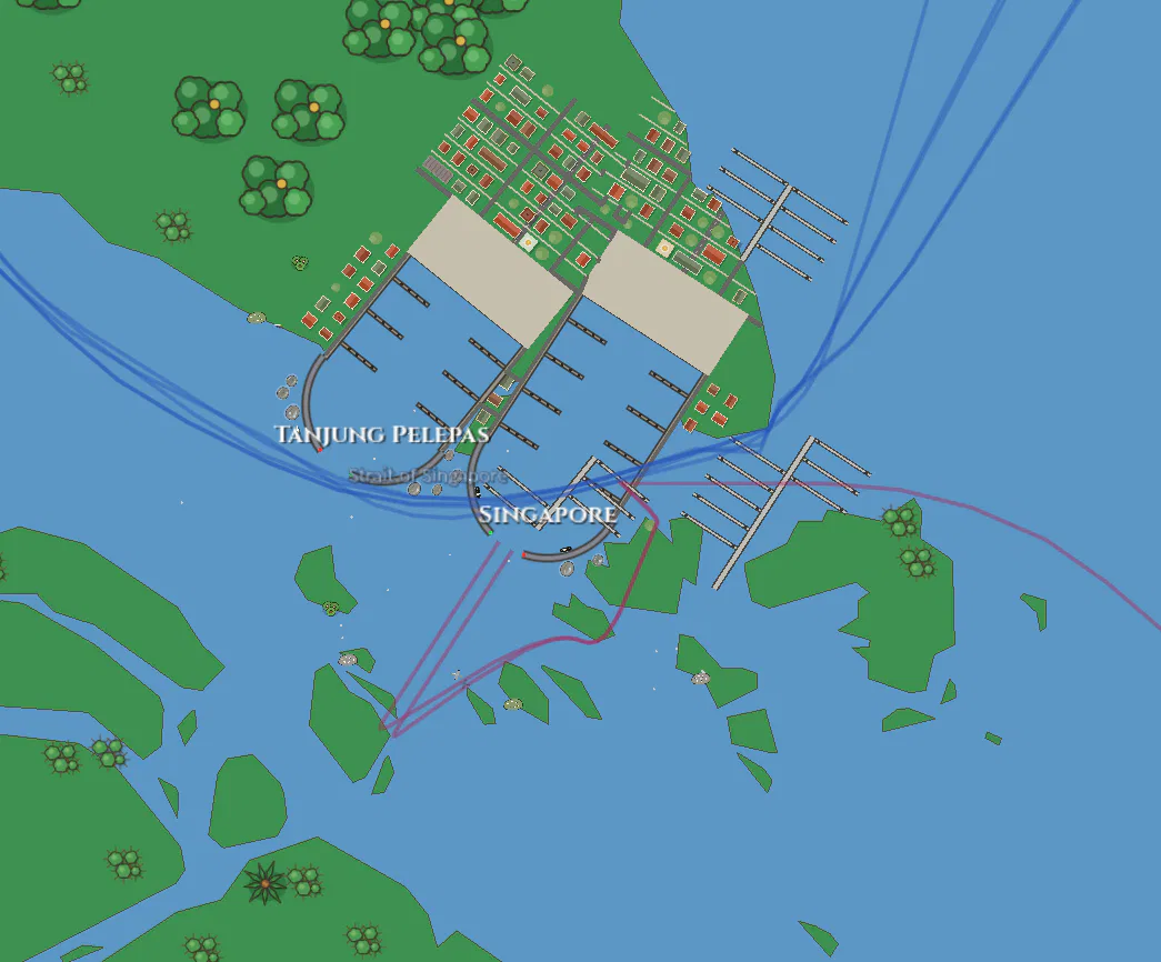 Singapore and Tanjung Pelepas, side by side on the strait