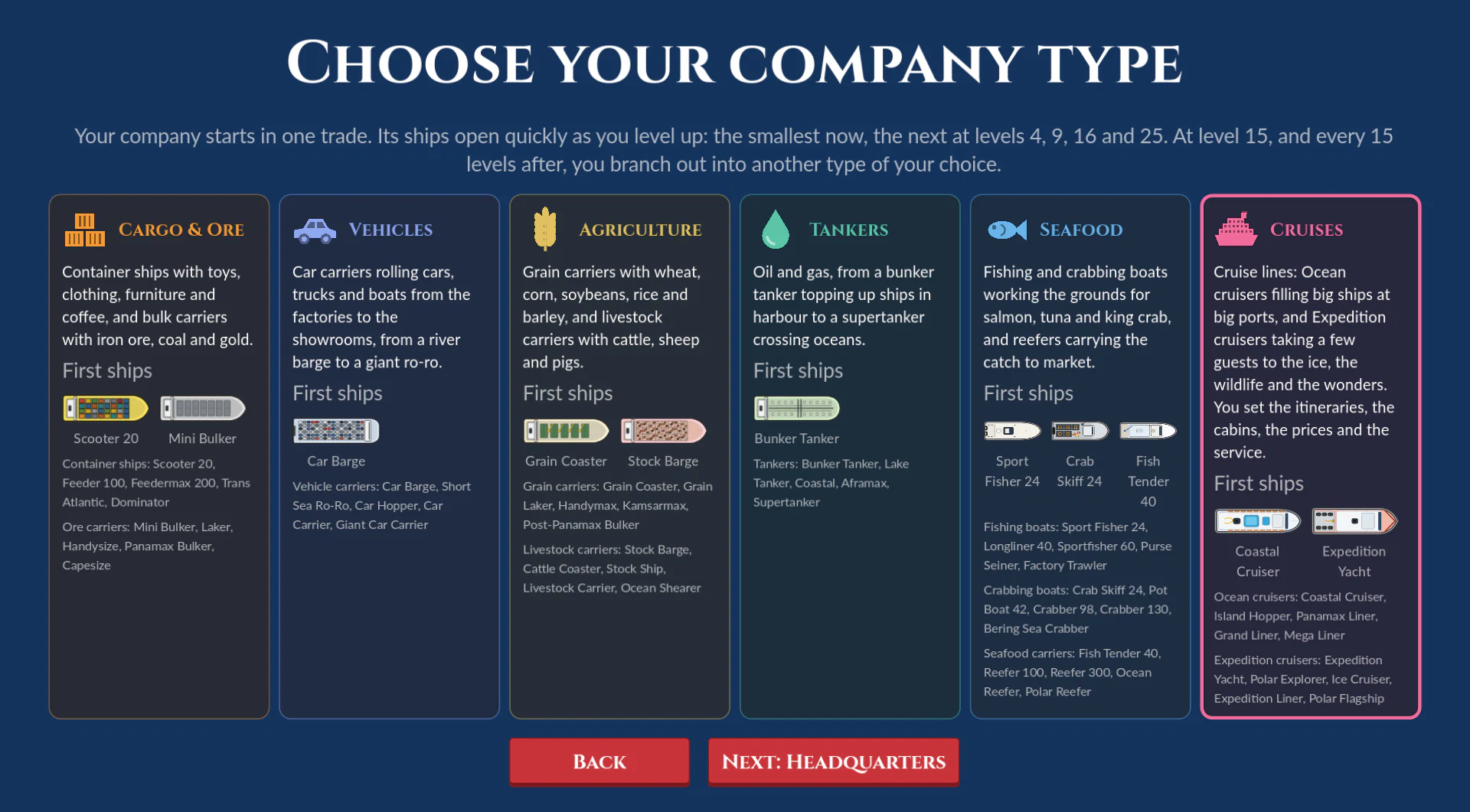 Choosing your company type: six trades, each with its five tiers of ships